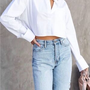 White Cropped Button Down Collared Shirt Set with Matching Cropped Tank